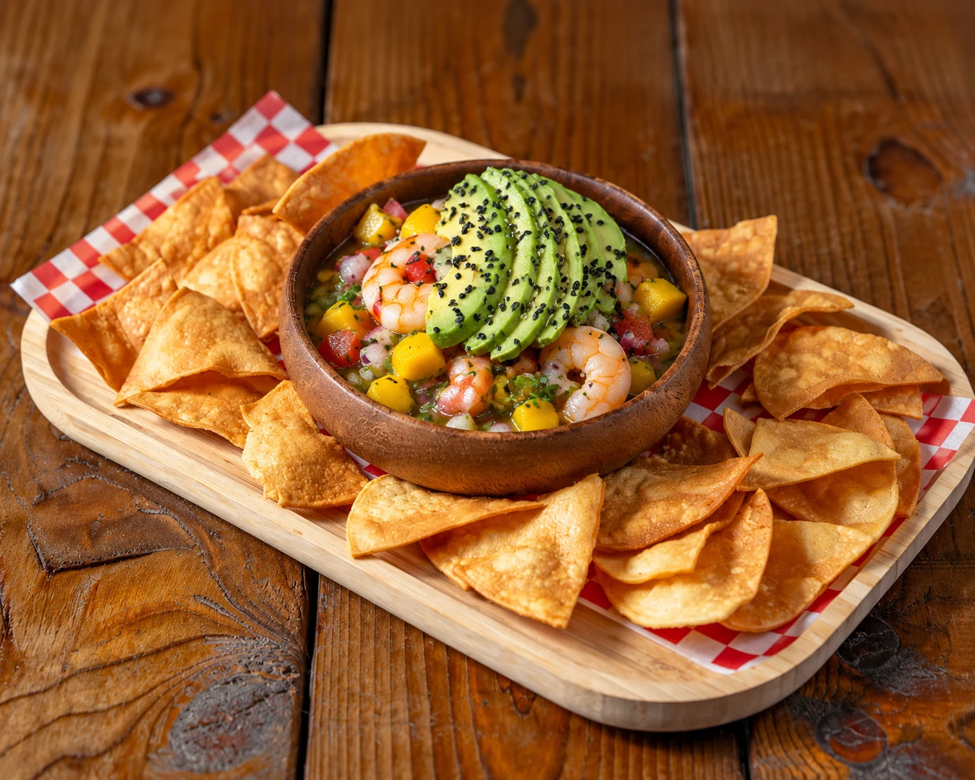 Ceviche de crevettes et mangue avec avocat et chips de tortilla
